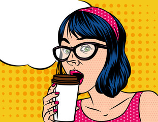 Young beautiful in retro style woman  with cup of coffee. Girl  in glasses of the European type with speech bubble on background of pop art style