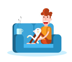 Fototapeta premium Boy Caressing a Cat on the Sofa. Isolated Flat Vector Illustration