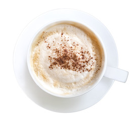Top view of hot coffee latte cappuccino isolated on white background, clipping path included