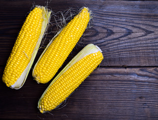 Three yellow corn cobs