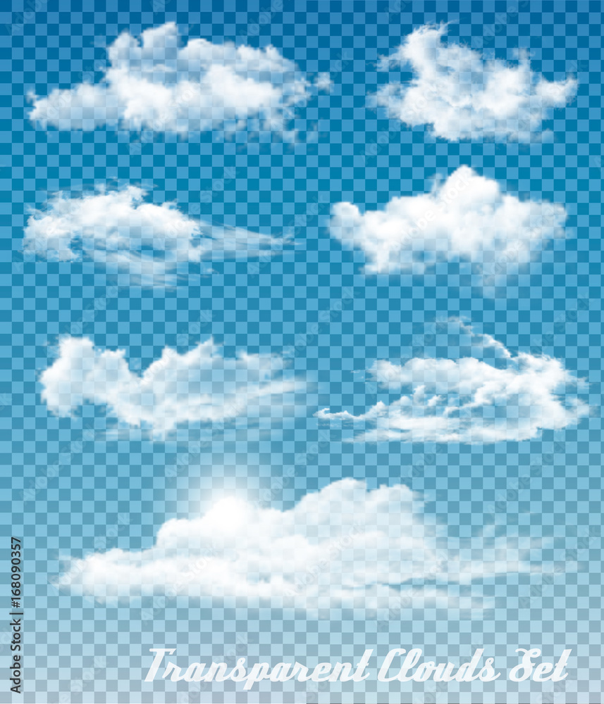 Poster set of white clouds on a transparent sky background. vector.
