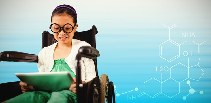 Composite image of young girl looking at digital tablet