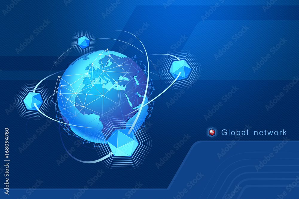 Poster Modern design of network connections, the planet and satellites in orbit. Background vector illustration