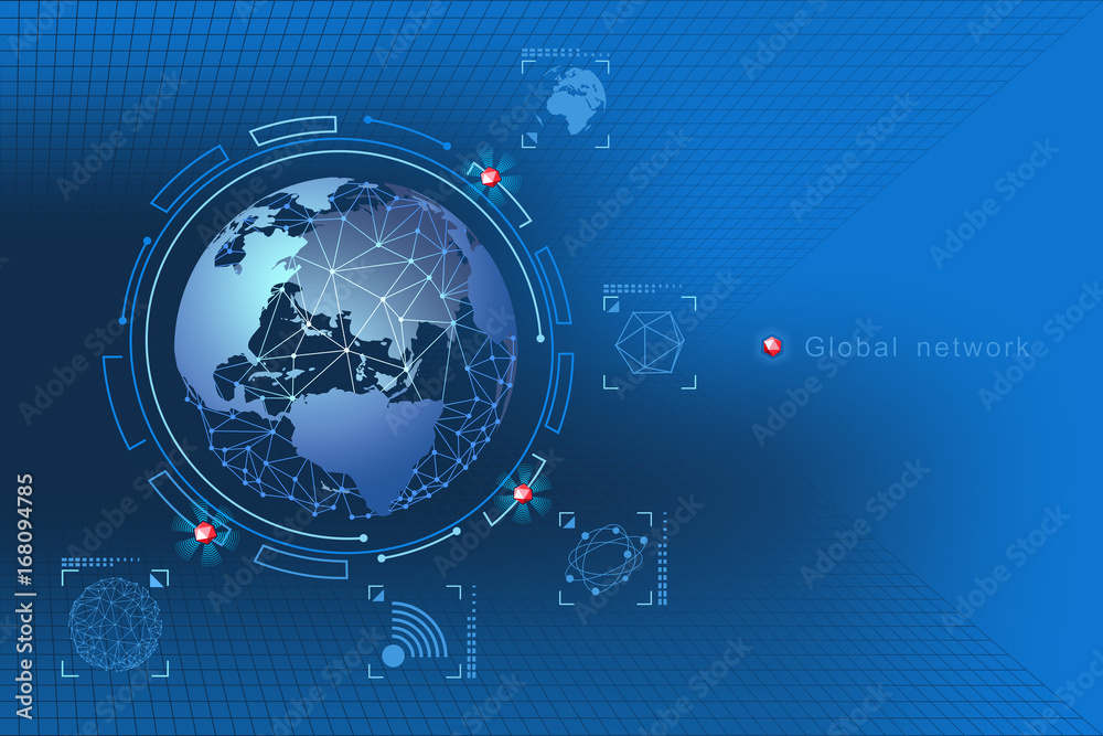 Poster modern design of network connections, the planet and satellites in orbit. background vector illustra