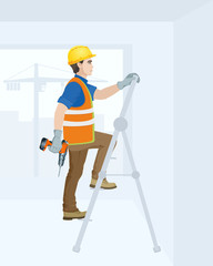 A man is a construction worker in overalls in the workplace with a tool in his hands. Vector illustration.