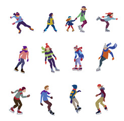 Fototapeta na wymiar Characters set of happy figure ice skating at rink. Vector illustration in flat design.