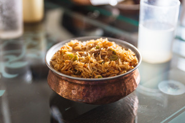 Hot Tibetan fried rice style with Indian rice. Served in the restaurant at Gangtok. Sikkim, India.