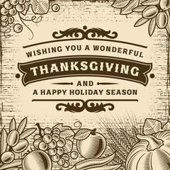 Thanksgiving Vintage Brown Card. Editable vector illustration in woodcut style with clipping mask.