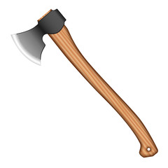 A huge ax with a comfortable wooden handle and a sharp blade. Tool for the work of the builder and carpenter. Side view.