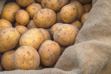 Fresh vegetarian potatoes in jute bag on ground