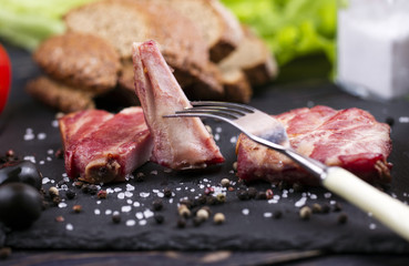 Grilled pork spare ribs, selective focus