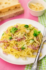 Fresh pasta linguine with bacon and cauliflower