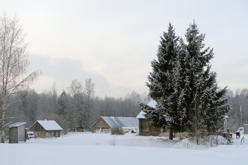 Village house in the middle of a winter forest