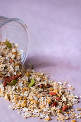 Plate of homemade muesli with cornflakes, Goji berries, chia seeds, freezedried apricot, sunflower seeds, cinnamon.