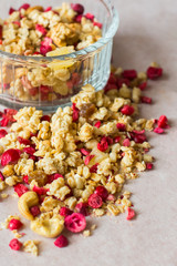 Plate of homemade muesli with cornflakes, freezedried cranberry, cashew, candied fruit, raisins.