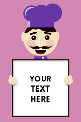 Smiling Chef with Purple Hat Holding Square Menu Board Mockup Illustration