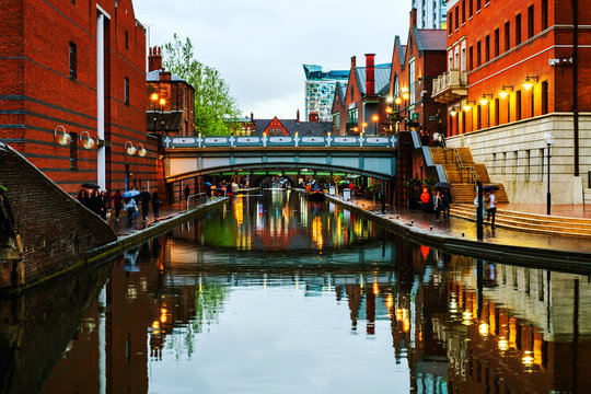 People Walking At Famous Birmingham Canal In UK