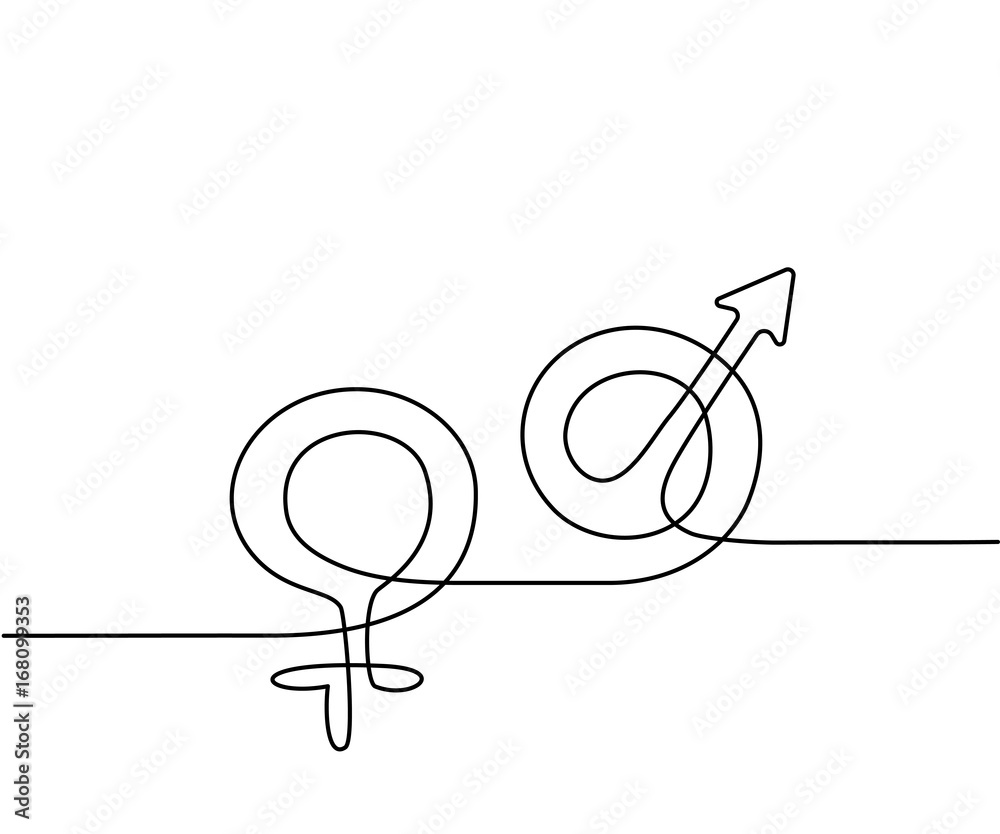 Wall mural Gender signs for male and female, circles with cross and arrow. Continuous line drawing icon. Vector illustration