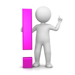 exclamation mark exclamation point 3d pink stick man pointing up attention pose warning gesture