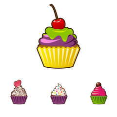 Vector cupcakes or muffins icon. Colorful dessert with cream, chocolate, cherries and strawberries. Multicolor cute cupcake sign for flyers, postcards, stickers, prints, posters, decorations.