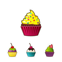 Vector cupcakes or muffins icon. Colorful dessert with cream, chocolate, cherries and strawberries. Multicolor cute cupcake sign for flyers, postcards, stickers, prints, posters, decorations.