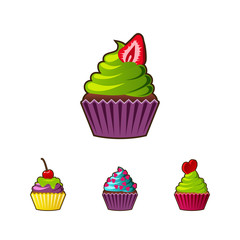 Vector cupcakes or muffins icon. Colorful dessert with cream, chocolate, cherries and strawberries. Multicolor cute cupcake sign for flyers, postcards, stickers, prints, posters, decorations.