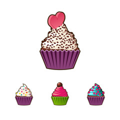 Vector cupcakes or muffins icon. Colorful dessert with cream, chocolate, cherries and strawberries. Multicolor cute cupcake sign for flyers, postcards, stickers, prints, posters, decorations.