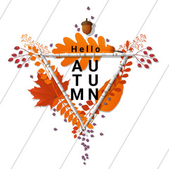 Hello autumn background with decorative wreath on wooden board , vector , illustration