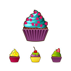 Vector cupcakes or muffins icon. Colorful dessert with cream, chocolate, cherries and strawberries. Multicolor cute cupcake sign for flyers, postcards, stickers, prints, posters, decorations.