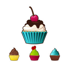 Vector cupcakes or muffins icon. Colorful dessert with cream, chocolate, cherries and strawberries. Multicolor cute cupcake sign for flyers, postcards, stickers, prints, posters, decorations.