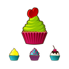 Vector cupcakes or muffins icon. Colorful dessert with cream, chocolate, cherries and strawberries. Multicolor cute cupcake sign for flyers, postcards, stickers, prints, posters, decorations.