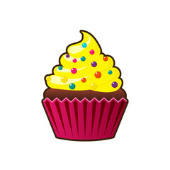 Vector cupcakes or muffins icon. Colorful dessert with cream, chocolate, cherries and strawberries. Multicolor cute cupcake sign for flyers, postcards, stickers, prints, posters, decorations.