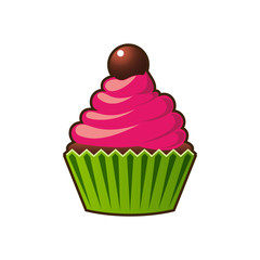 Vector cupcakes or muffins icon. Colorful dessert with cream, chocolate, cherries and strawberries. Multicolor cute cupcake sign for flyers, postcards, stickers, prints, posters, decorations.