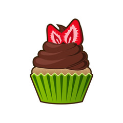 Vector cupcakes or muffins icon. Colorful dessert with cream, chocolate, cherries and strawberries. Multicolor cute cupcake sign for flyers, postcards, stickers, prints, posters, decorations.