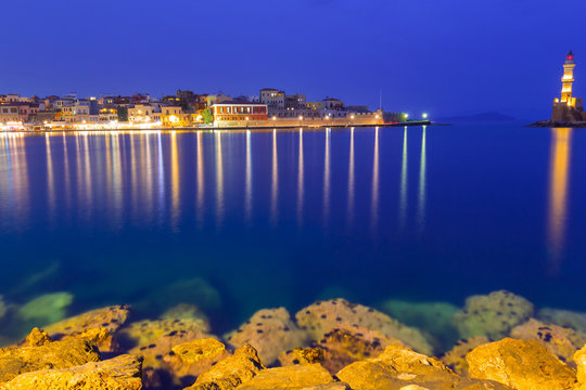 Old Venetian port of Chania at night, Crete. Greece
