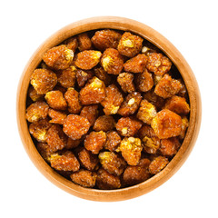 Physalis fruits in wooden bowl. Dried orange groundcherries, also called Inca berries, Cape gooseberries, poha or golden berries. Physalis peruviana. Macro food photo close up from above over white.
