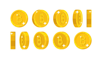Gold bitcoin views cartoon style isolated. The gold bitcoin is at different angles around its axis for designers and illustrators. Rotation of a gold coin in the form of a vector illustration