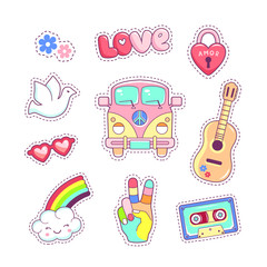 Hippie style badges patches and stickers with van guitar rainbow and dove. Pop art comic icons vector set