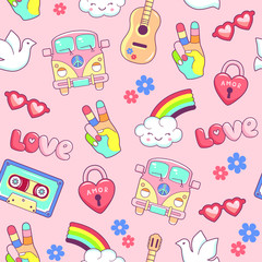 Hippie style seamless pattern with van guitar rainbow and dove. The pattern can be repeated without any visible seams