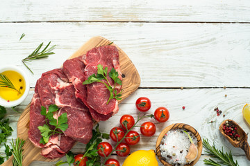 Beef steak with ingredients. Raw cooking ingredients.