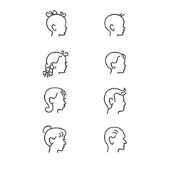 Line icons of people heads in different ages / There are babies, girl and boy, man and woman, grandmother and grandfather
