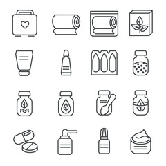 Different types of medicines and medical tools as line icons / Icons of medicines like ointment, suppository, and solution
