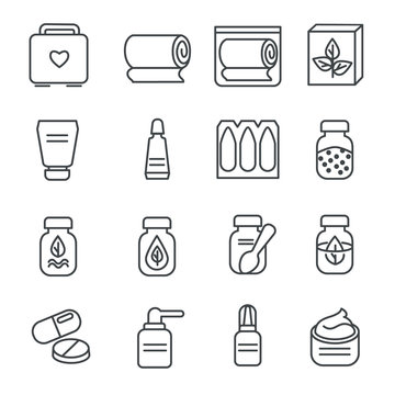 Different types of medicines and medical tools as line icons / Icons of medicines like ointment, suppository, and solution
