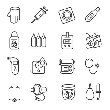 Different types of medicines and medical tools as line icons / Icons of medical tools like stethoscope, thermometer, and nebulizer
