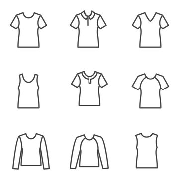 Different types of man’s t-shirts as line icons / Set of vector line icons 
