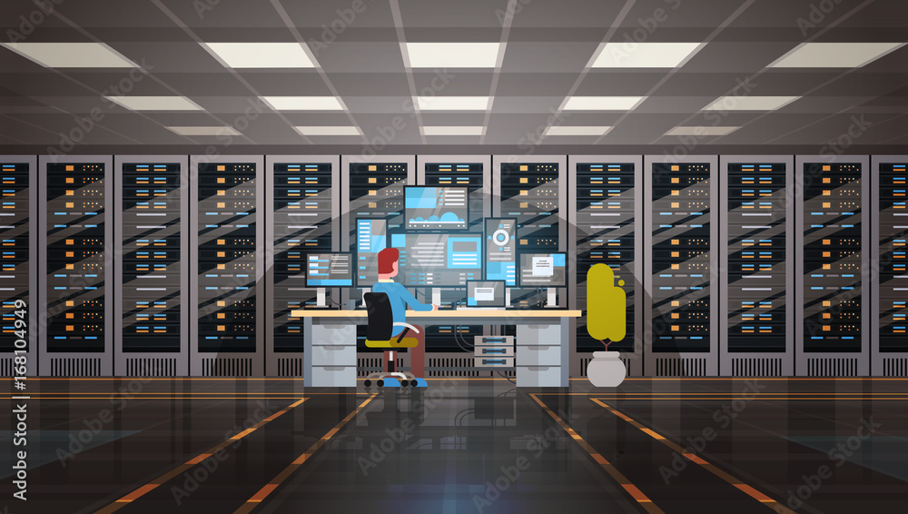 Poster Man Working In Data Center Room Hosting Server Computer Monitoring Information Database Flat Vector Illustration
