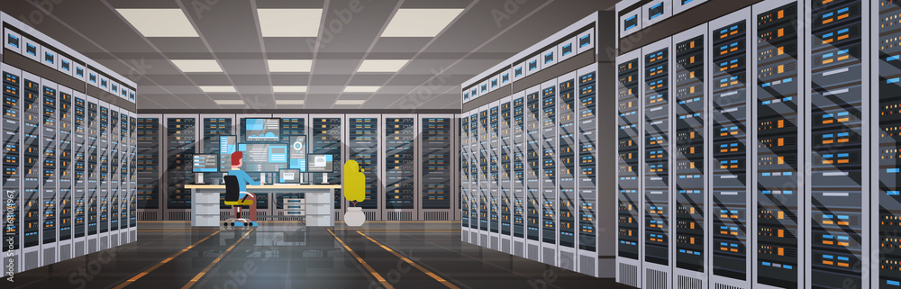 Poster People Working In Data Center Room Hosting Server Computer Monitoring Information Database Flat Vector Illustration