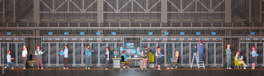 Poster People Working In Data Center Room Hosting Server Computer Monitoring Information Database Flat Vector Illustration