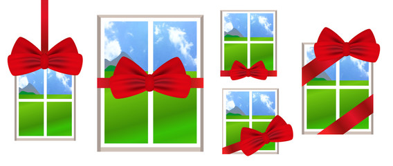 Window with red ribbon and bow as a gift with a landscape view. Set illustrations over white background. Vector