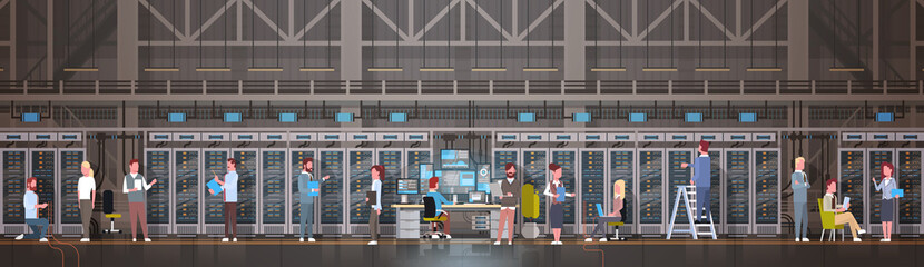 People Working In Data Center Room Hosting Server Computer Monitoring Information Database Flat Vector Illustration